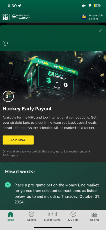 hockey early payout offer Pennsylvania Bet365