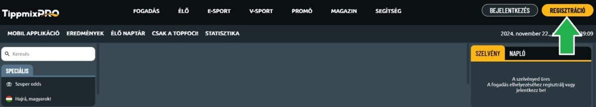 TippmixPRO regisztráció gomb