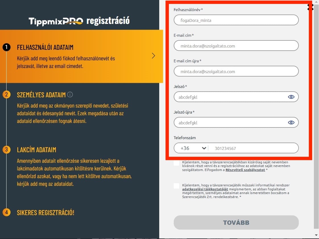 TippmixPRO regisztrácio mint a felhasználónév, jelszó.