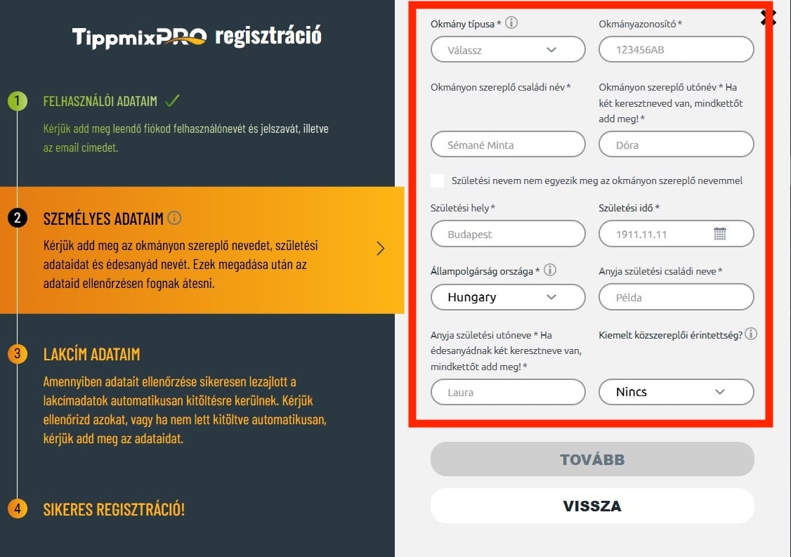 TippmixPRO regisztráció személyes adatok lap