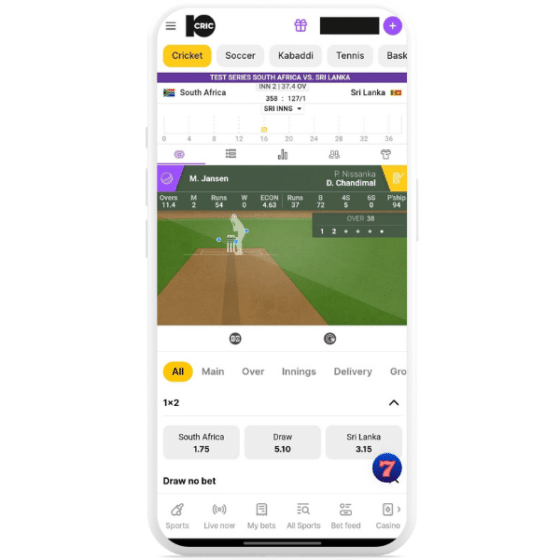 In-play simulation in progress on 10CRIC app