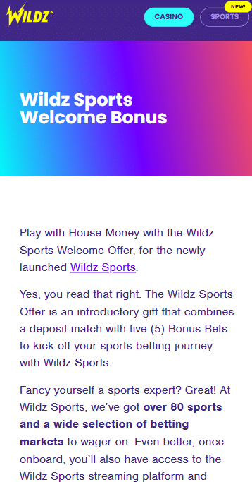 Wildz sports & casino welcome bonus