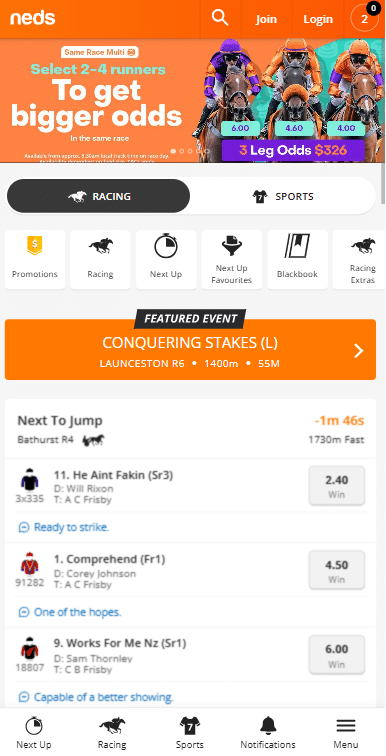 neds sports and racing overview mobile