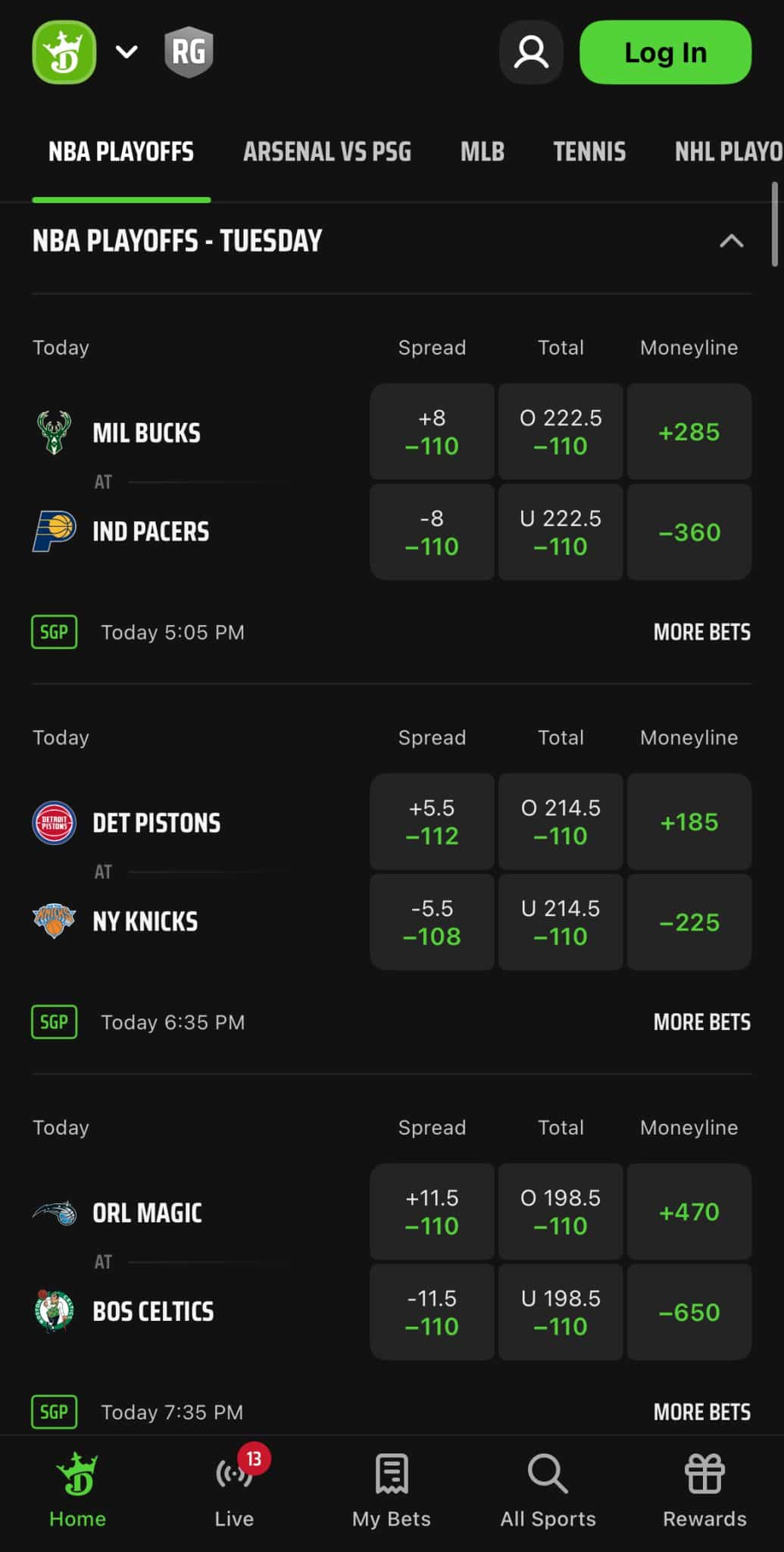 NBA Playoff lines at DraftKings sportsbook