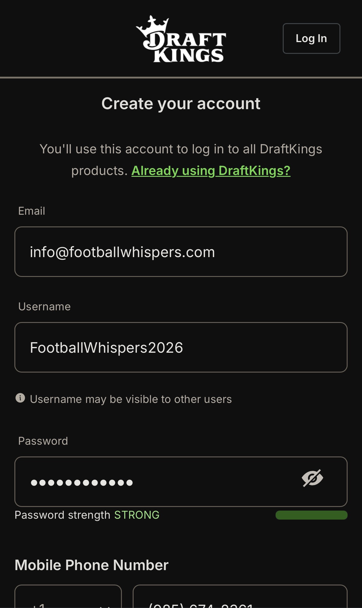 DraftKings sign up page