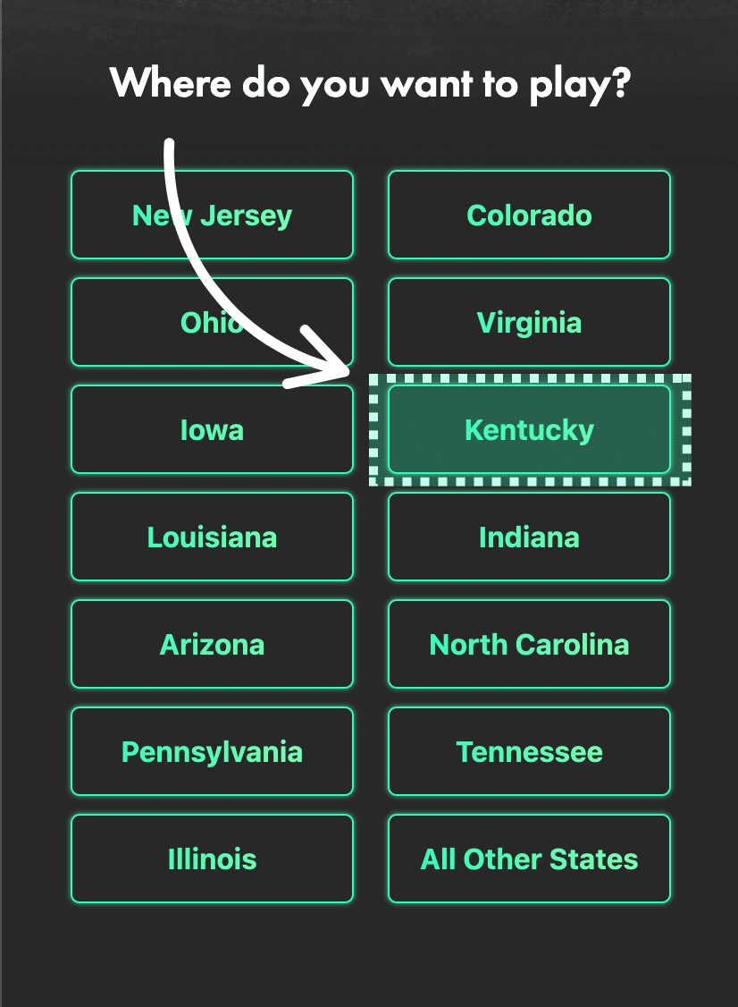 Bet365 Select a State screen "Kentucky." 