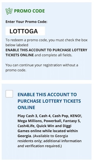 Georgia Lottery promo code field during sign up