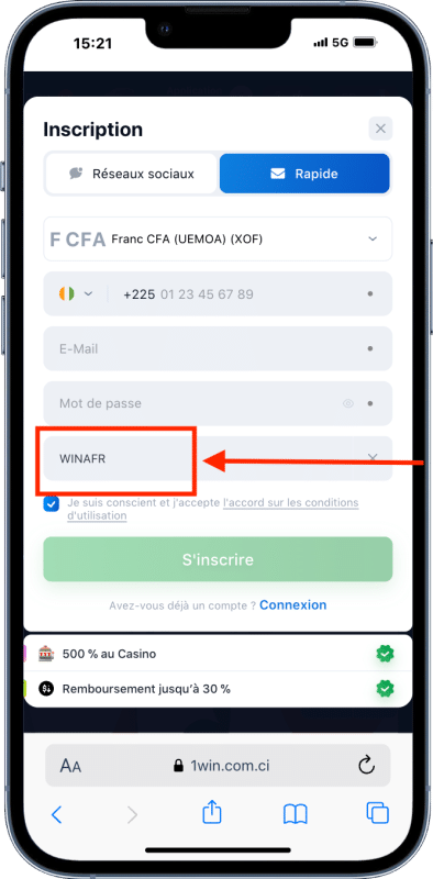 S'inscrire sur 1win avec le code promo WINAFR