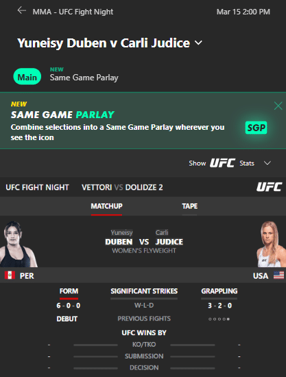Bet365 UFC fight night betting odds and options