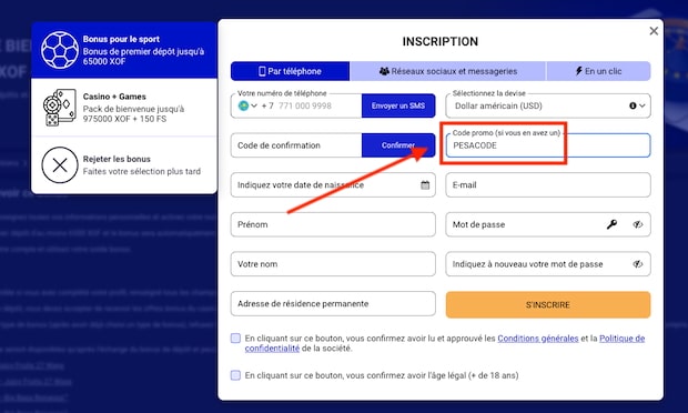 Entrez le code PESACODE lors de votre inscription sur Paripesa