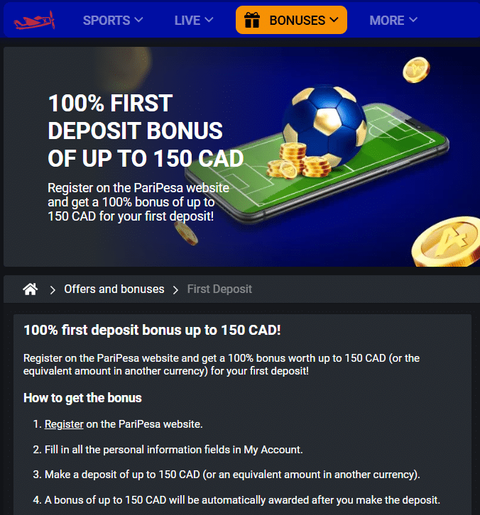 Paripesa promo code PESAFW for the main sign up offer in canada