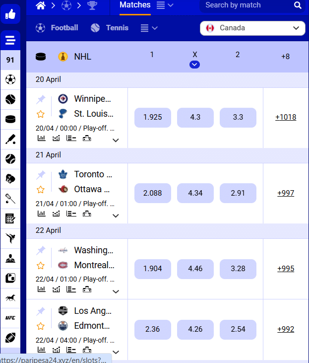 NHL betting markets at paripesa - mobile betslip