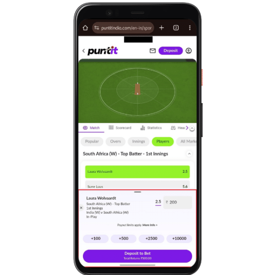 In-play betting in progress on Puntit India website