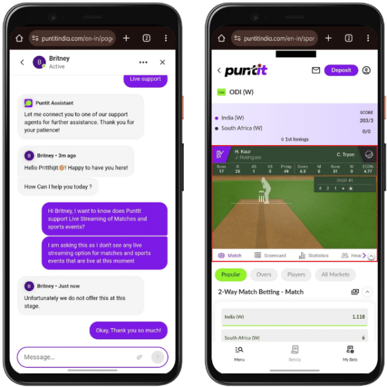 Livestreaming not available confirmed by customer support, in-play simulation of a cricket match