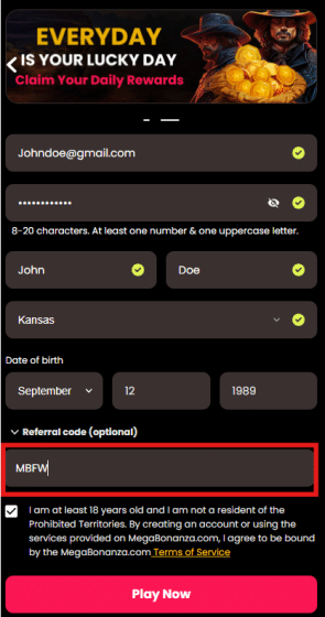 mega bonanza referral code