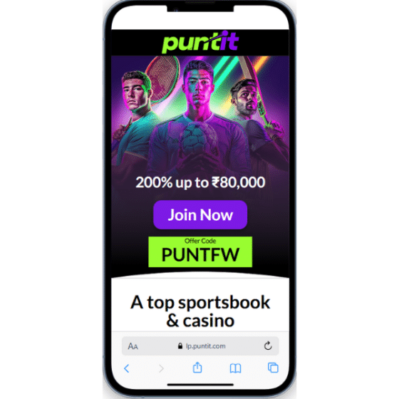 Puntit exclusive welcome offer of 200% up to ₹80,000, with promo code PUNTFW in a "Join Now" button
