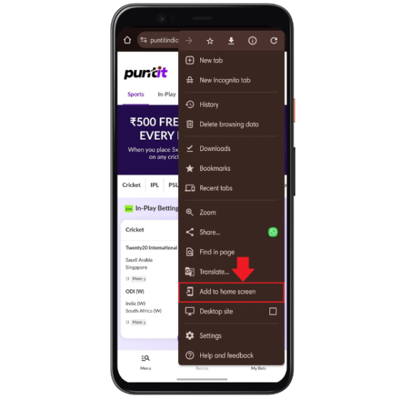 "Add to home screen" option on the Puntit mobile website