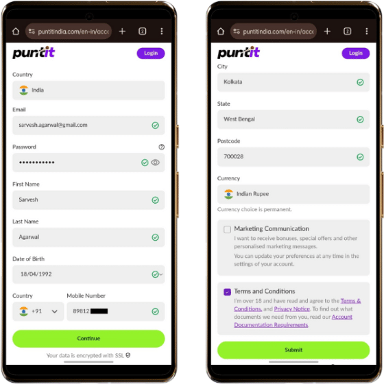 Puntit mobile registration form with personal details in two steps
