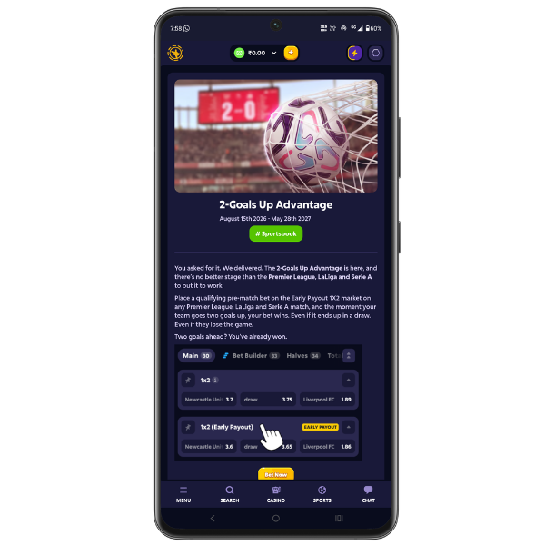 An image showing the offer card of the 2 Goals Up Roobet Promotion