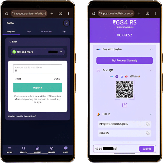 Mobile deposit page on Roobet, with the UPI option selected and the QR code for payment