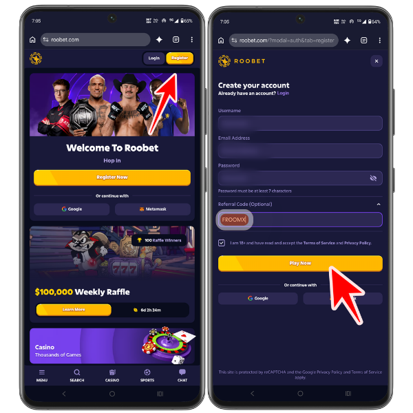 An image showing how to sign up with Roobet with the promo code FROOMX