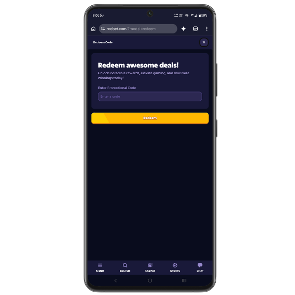 An image showing the Roobet promotional code section where users can unlock new rewards