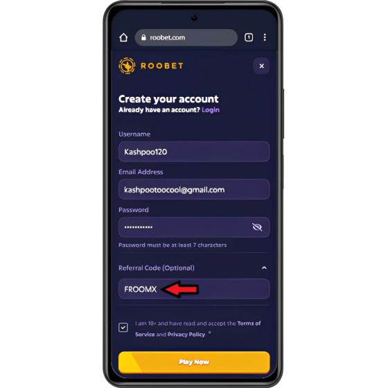 Roobet mobile registration form with username, email address, password and the Roobet promo code fields
