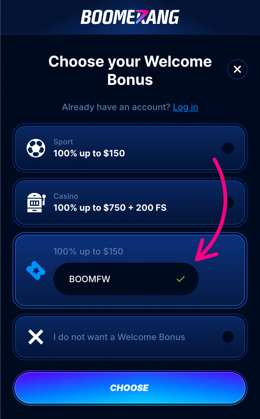Boomerang Bet promo code field during sign up