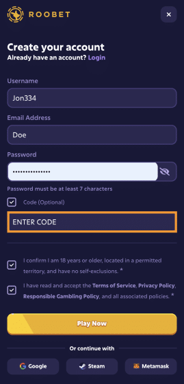 Roobet sign up offer & registration