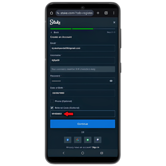 Mobile screenshot showing online Stake registration with email, username, password, and Stake bonus code WHSMAX entered