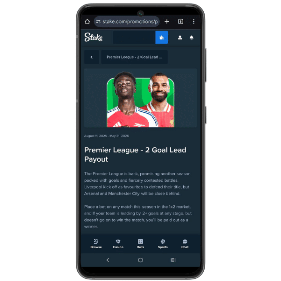 Mobile screenshot showing the EPL 2 Goal Lead payout promotion on Stake along with offer details