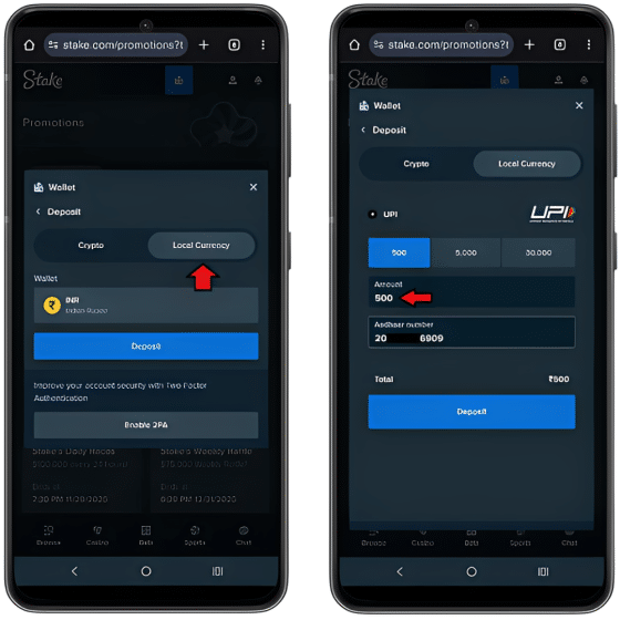 Mobile screenshot showing a UPI deposit in progress on Stake with ₹500 entered in the deposit field
