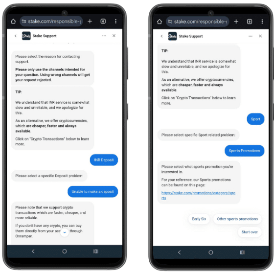 Stake.com mobile screenshot showing live chat interaction with the chatbot 