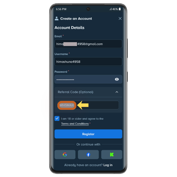 Mobile screenshot showing online Stake registration with email, username, password, and referral code WHSMAX entered