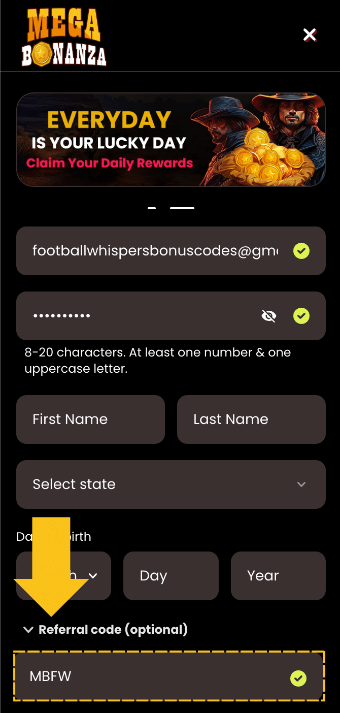 Mega Bonanza promo code field during sign up