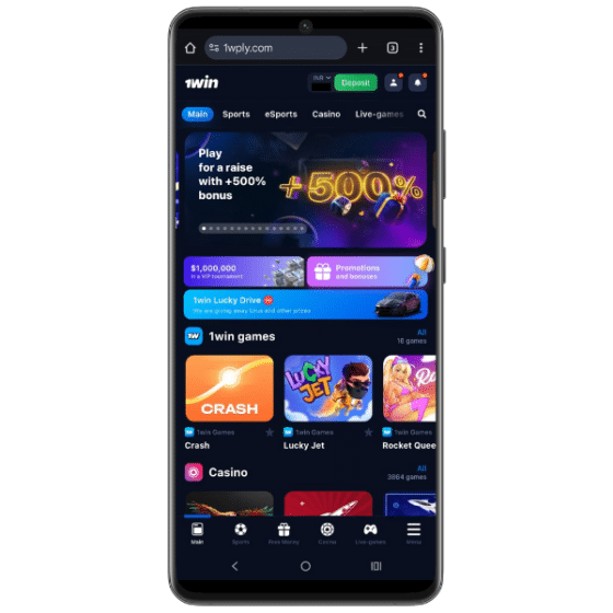 1win mobile site showing a 500% casino bonus banner and available games like Crash, Lucky Jet, and Rocket Queen