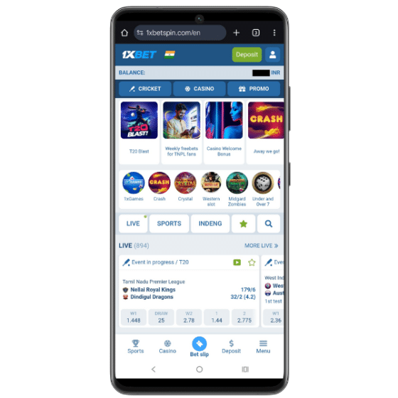 1xBet mobile site displaying live cricket odds for Tamil Nadu Premier League along with other sports betting options