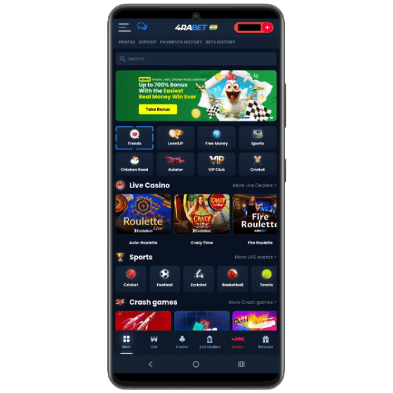 4rabet mobile site displaying live casino options, sports betting and crash games with a bonus offer banner at the top