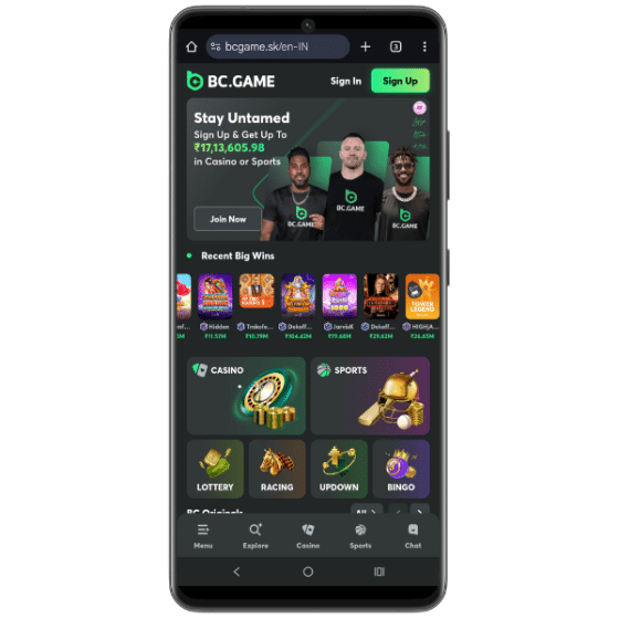 BC.Game mobile site with its casino, sports betting, lottery, and racing options, plus a featured deposit bonus