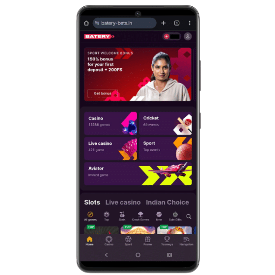 Screenshot of the Batery website on mobile, displaying a 150% bonus and sports sections along with live casino and Aviator games