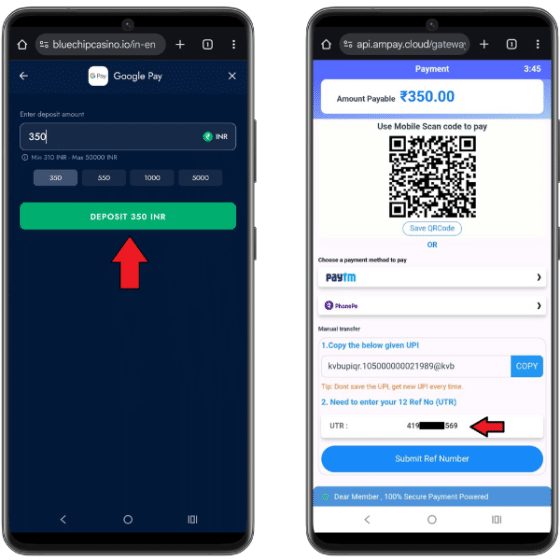 Bluechip deposit process showing two mobile screens, with ₹350 in the deposit field, the UPI QR code, and entering the UTR after making the QR payment