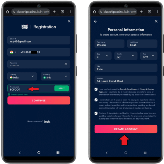 Mobile registration on Bluechip using the Bluechip promo code BCFOOT