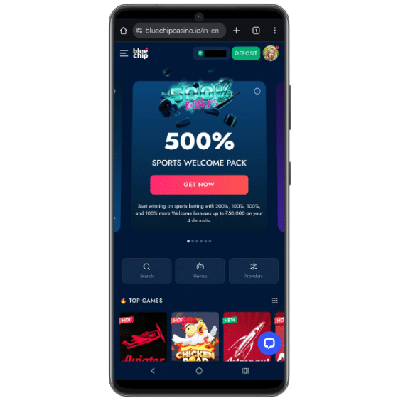 Screenshot showing 500% sports welcome pack on Bluechip mobile site