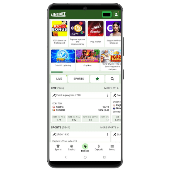 Linebet mobile website showing sports betting options, in-play odds and slot games