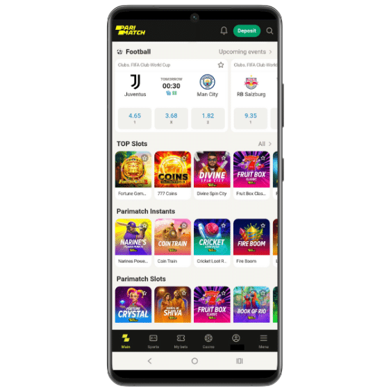 Screenshot of the Parimatch mobile website, showing odds for football matches and a selection of slot games