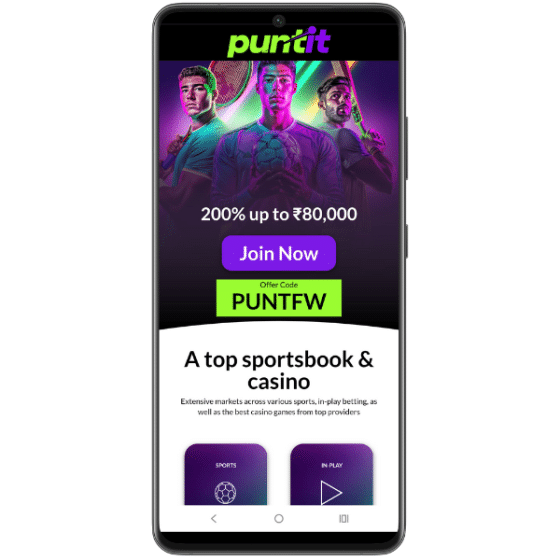 Screenshot of the Puntit website featuring a 200% bonus offer at the top along with a 'Join Now' button
