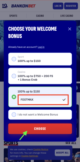 Bankonbet sign up and registration - Use promo code FOOTMAX