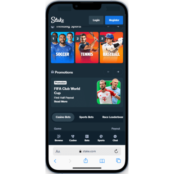 Screenshot of the Stake mobile site with football, tennis and baseball betting options along with Club World Cup promotion