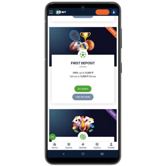 Mobile screenshot of the 20Bet site displaying a first deposit bonus of 100% up to ₹9,000, with sections for sports and casino.