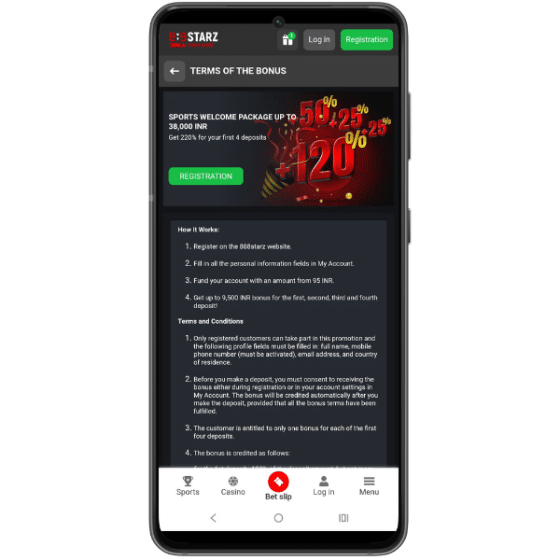 Mobile screenshot showing 888Starz sports welcome package of up to ₹38,000 with a 220% bonus on the first four deposits, along with registration instructions and terms